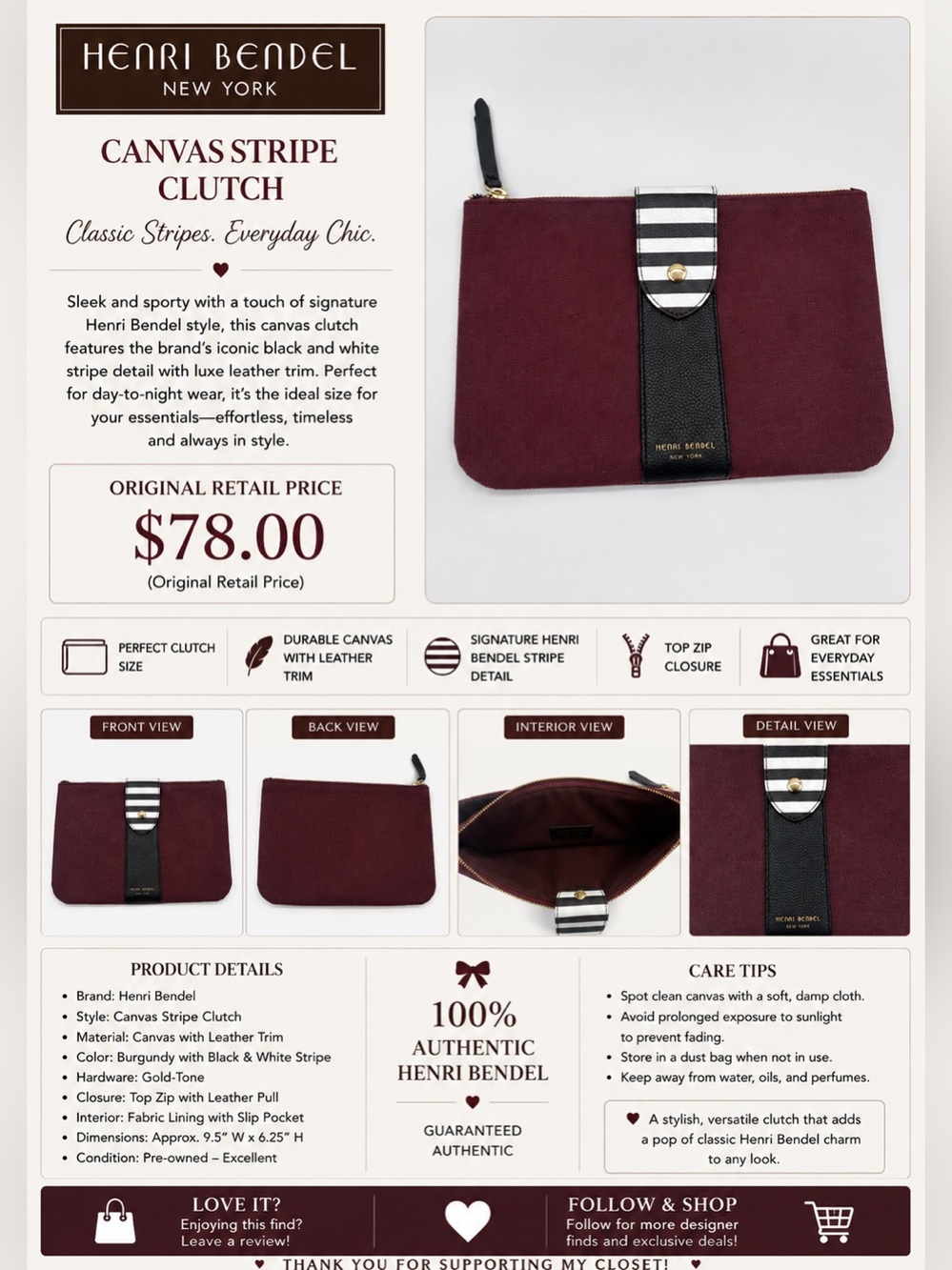 henri bendel Burgundy Canvas Pouch